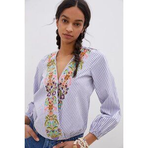 Anthropologie Artemis Embroidered Blouse Medium Blue Stripe Floral Boho Cottage